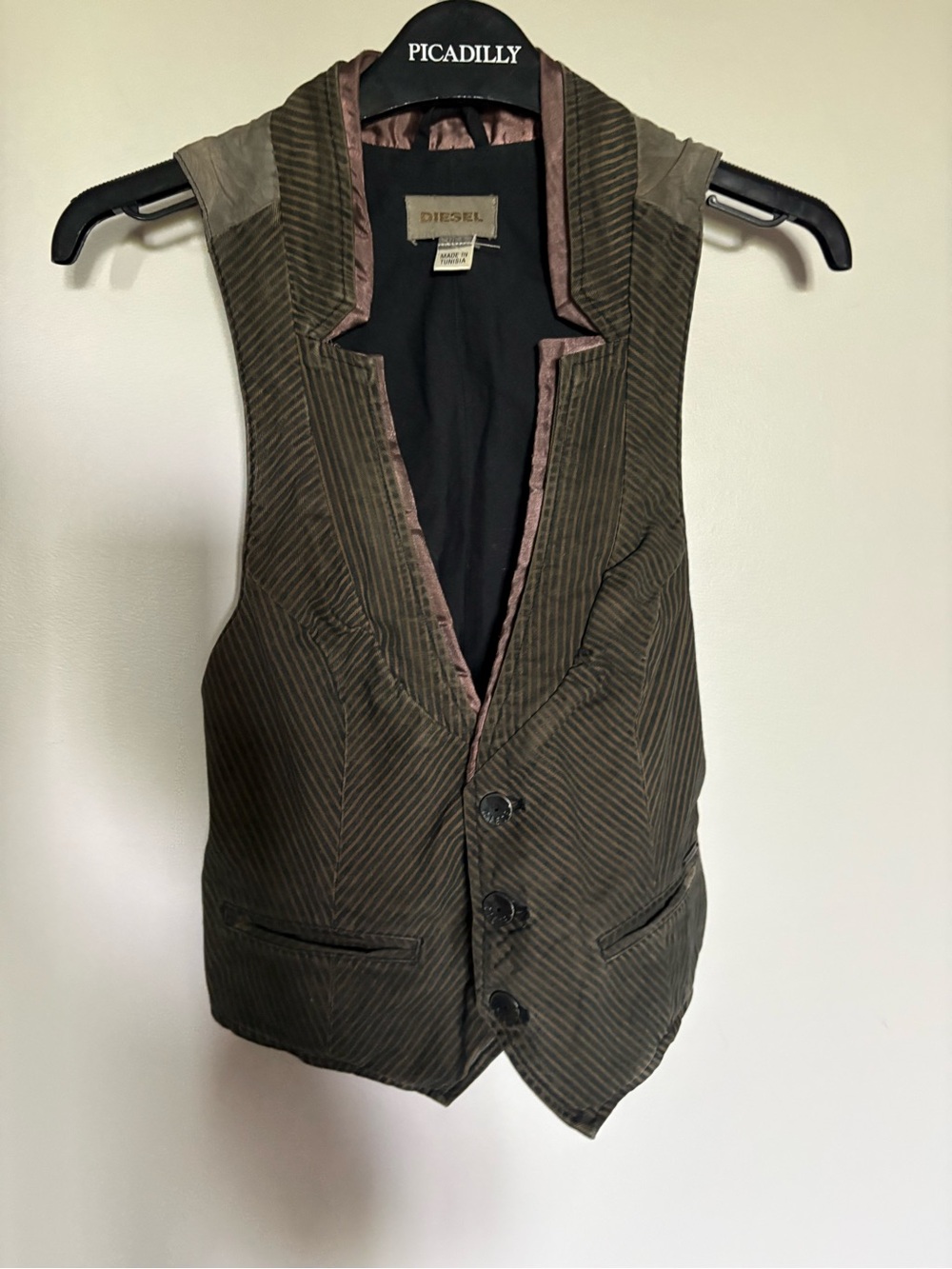 NWOT- Diesel women  Olive Green Pinstripe Vest - Tailored Three-Button